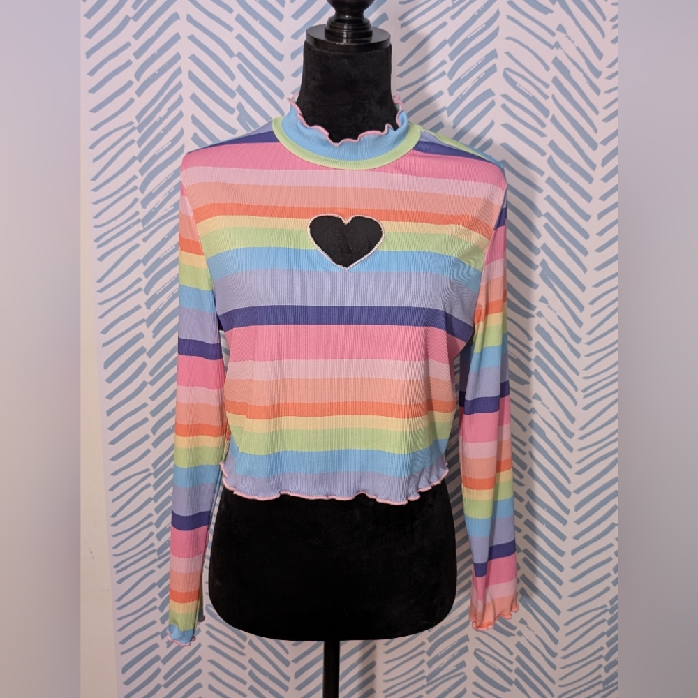 Lettuce Trim Heart Cutout Rainbow Striped Top